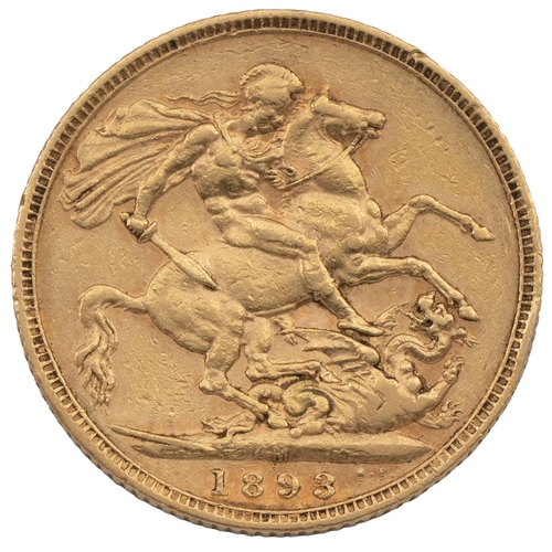 282 - 1893 Victoria gold Sovereign, Melbourne (S 3875, Marsh 153). Obverse: 'Veiled Head' bust, facing lef... 