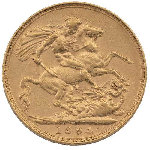 283 - 1894 Victoria gold Sovereign, London (S 3874, Marsh 146). Obverse: veiled 'Old Head' bust, facing le... 