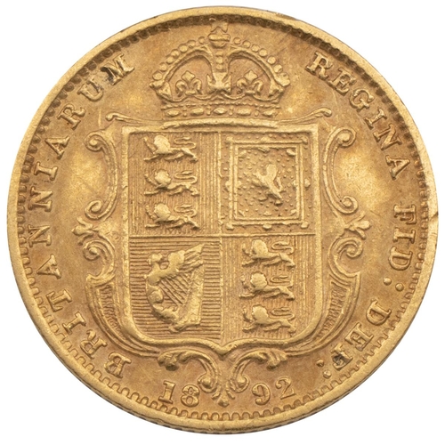 289 - 1892 Victoria gold Half Sovereign, London (S 3869D, Marsh 481A, DISH L516). Obverse: left-facing bus... 