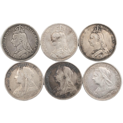 299 - Six (6) Victoria (1837-1901) silver Crowns, including 'Jubilee' and 'Widowed Head', including 1888, ... 