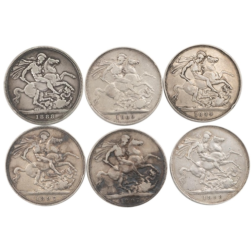 299 - Six (6) Victoria (1837-1901) silver Crowns, including 'Jubilee' and 'Widowed Head', including 1888, ... 