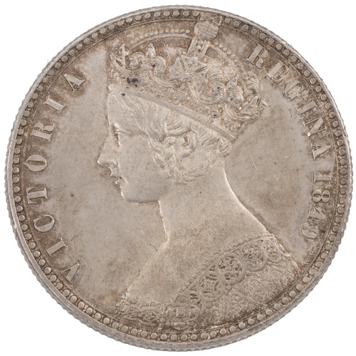 312 - 1849 Victoria silver 'Godless' Florin (S 3890, ESC 802, Bull 2815). Obverse: ornate, left-facing cro... 