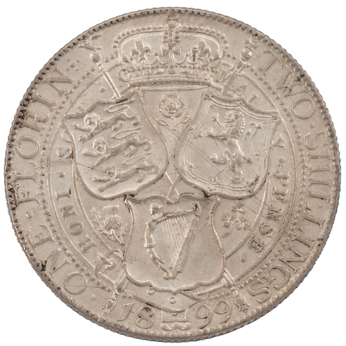 317 - 1899 Victoria silver Florin (S 3939, ESC 883, Bull 2929). Obverse: 'Old Head' bust facing left with ... 