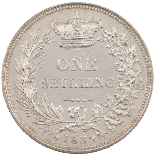 318 - 1839 Victoria silver Shilling, no 'ww' (S 3904, ESC 1283, Bull 2980). Obverse: second 'Young Head' f... 