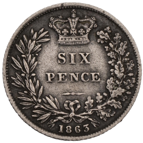 333 - 1863 Victoria silver Sixpence - key date (S 3908, ESC 1712, Bull 3209). Obverse:  first crowned head... 