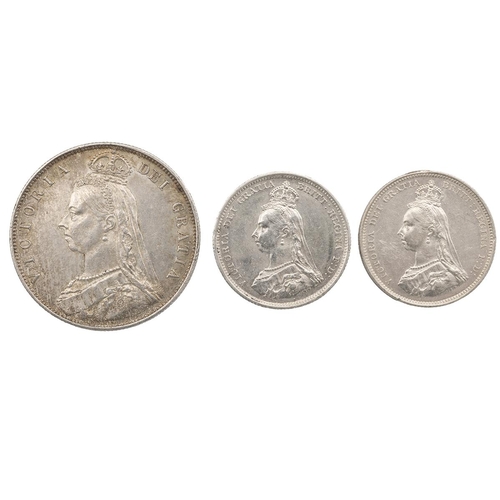 338 - Three (3) 1887 Victoria high-grade silver coins with 'Jubilee Head' portraits, including a Halfcrown... 