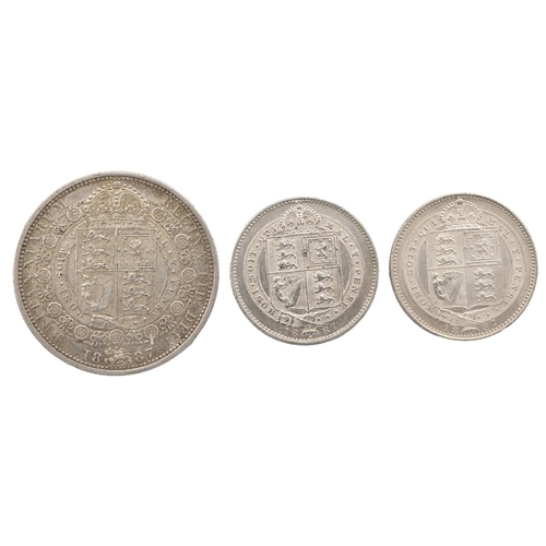 338 - Three (3) 1887 Victoria high-grade silver coins with 'Jubilee Head' portraits, including a Halfcrown... 