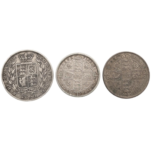 340 - Three (3) Victoria (1837-1901) silver coins, including 1849 Halfcrown, aF; 1849 'Godless' Florin, to... 