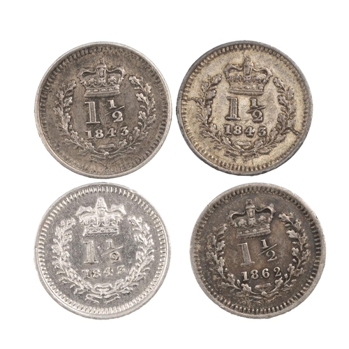 344 - Four (4) Victoria (1837-1901) silver Three Halfpence coins, including 1843 (x3) and 1862, all F-VF, ... 