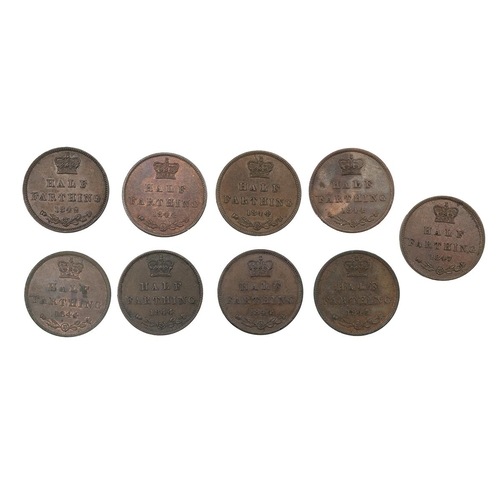 347 - Nine (9) Victoria (1837-1901) copper Half Farthings, including 1842, 1843, 1844 (x6), and 1847. Grad... 