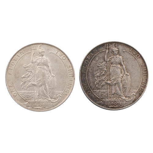 357 - Two (2) Edward VII silver Florins (S3980), including 1903, bright, EF; and 1905 toned VF or better.