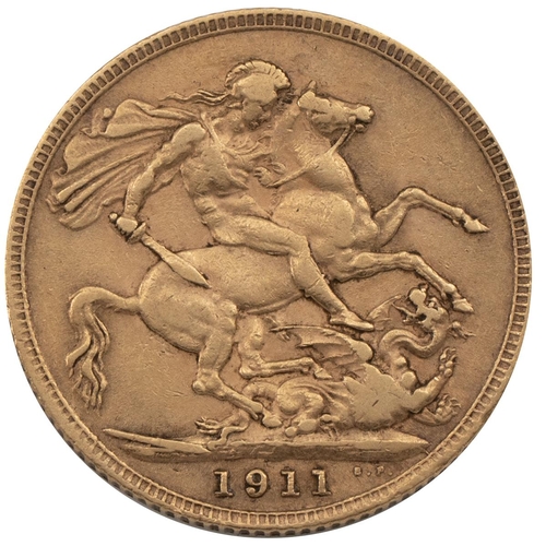 359 - 1911 George V gold London mint Sovereign - the first issue of this reign (S 3996, Marsh 213). Obvers... 