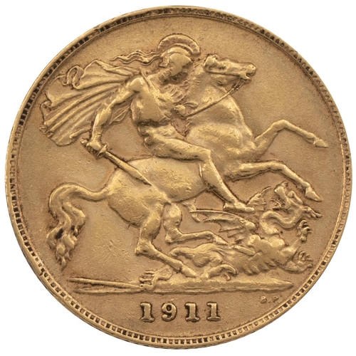 360 - 1911 George V gold Half Sovereign, London mint coin (S 4006, Marsh 526). Obverse: left-facing bare h... 