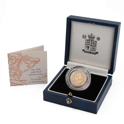 395 - 1999 Elizabeth II gold proof Half Sovereign in the original presentation case. Obverse: right-facing... 