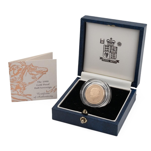 395 - 1999 Elizabeth II gold proof Half Sovereign in the original presentation case. Obverse: right-facing... 