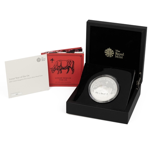 399 - 2021 Year Of The Ox silver proof 5oz £10 coin from The Royal Mint's Lunar series. Obverse: right-fac... 