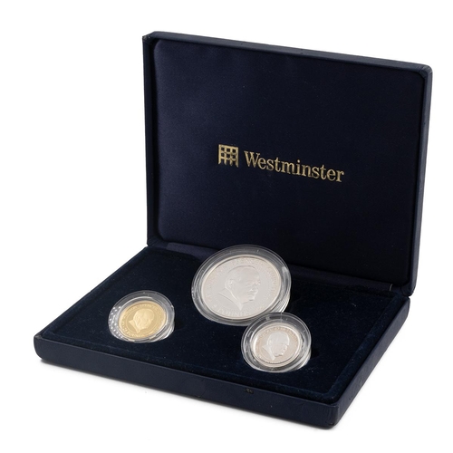 404 - 1999 Guernsey three-coin gold and silver proof set from the Westminster Mint Includes a Crown-sized ... 