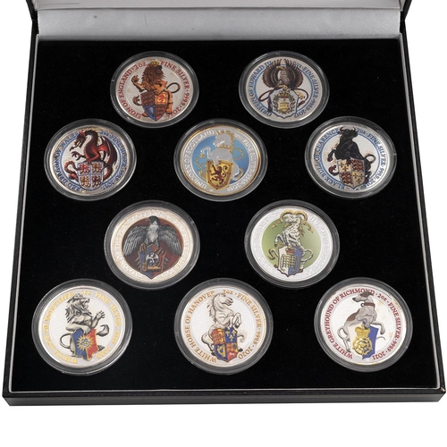 409 - 2016-2021 Queen's Beasts silver 2oz ten-coin coloured set, including the 2016 Lion of England, the 2... 