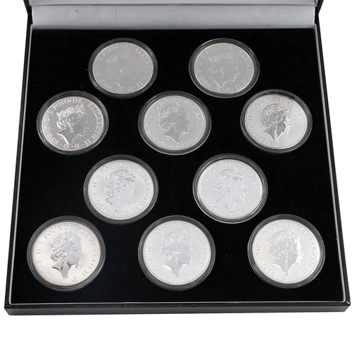 409 - 2016-2021 Queen's Beasts silver 2oz ten-coin coloured set, including the 2016 Lion of England, the 2... 