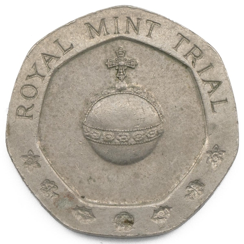 416 - 1981 Royal Mint 25p trial piece with seven sides, struck in nickel-brass alloy. Obverse: orb in cent... 