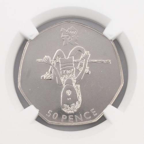 420 - 2009 London Olympics Athletics BU 50p Blue Peter coin. Obverse: portrait of Queen Elizabeth II by Ia... 