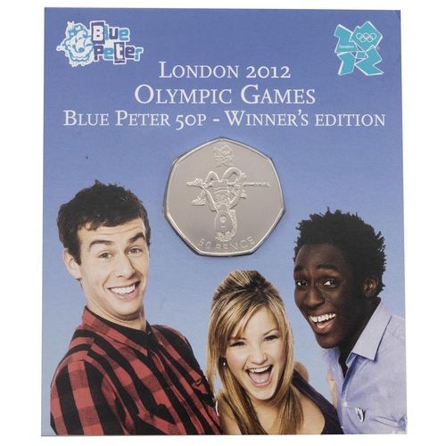 421 - 2009 London Olympics Athletics BU 50p Blue Peter coin, carded. Obverse: portrait of Queen Elizabeth ... 