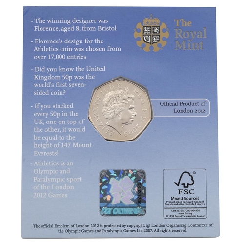 421 - 2009 London Olympics Athletics BU 50p Blue Peter coin, carded. Obverse: portrait of Queen Elizabeth ... 