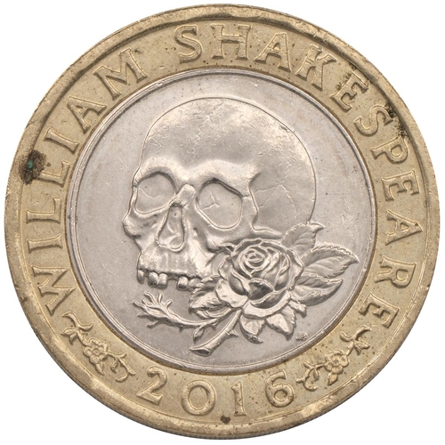 422 - 2016 Shakespeare's Tragedies skull and rose £2 coin, error inscription to the edge. Obverse: Jody Cl... 