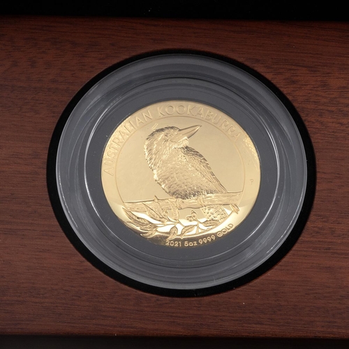 425 - 2021 Australian Kookaburra 5oz 9999 gold high-relief concave proof coin from the Perth Mint. Obverse... 