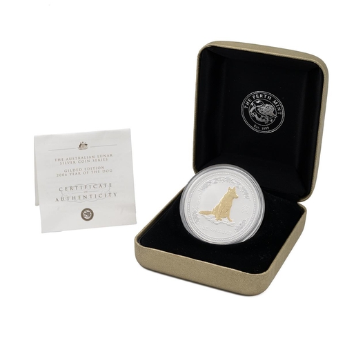 427 - Australia, 2006 Year of the Dog silver proof 1oz Perth Mint gilded coin in the original box. Obverse... 