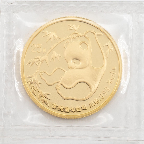 438 - 1985 China sealed 1/4oz 999 gold Panda 25 Yuan BU coin from a low mintage year. Obverse: young panda... 