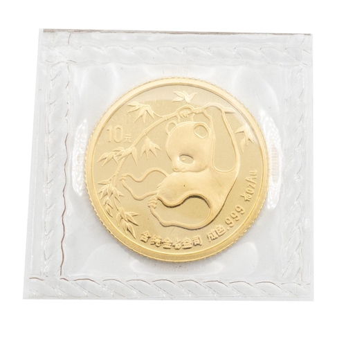 439 - 1985 China 1/10oz 999 gold Panda 10 Yuan BU coin sealed in the original packet. Obverse: young panda... 