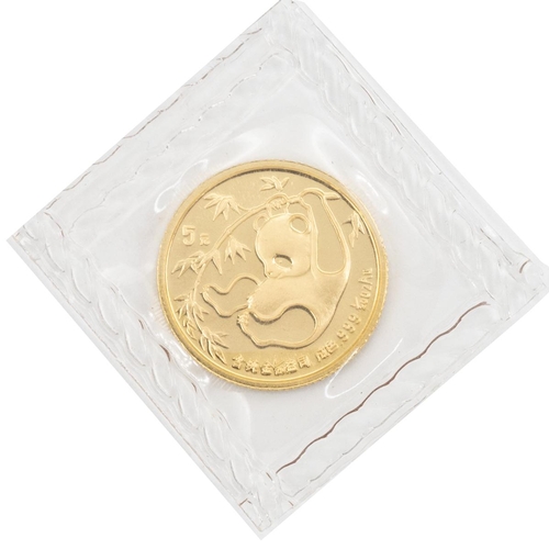 440 - 1985 China 5 Yuan 999 gold 1/20oz Panda coin sealed in its original clear sleeve. Obverse: young pan... 