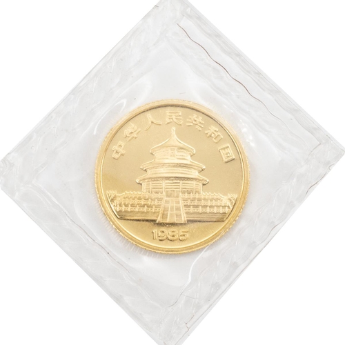 440 - 1985 China 5 Yuan 999 gold 1/20oz Panda coin sealed in its original clear sleeve. Obverse: young pan... 