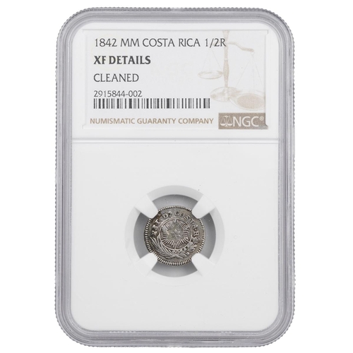 443 - Costa Rica, 1842 silver 1/2 Half Real, unholed/countermarked (KM 32). Obverse: radiating star within... 