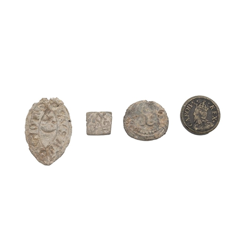 488 - Four (4) metal detecting finds, including a seal matrix, a lead alloy weight, late medieval/early po... 