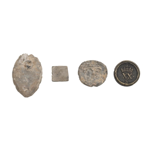 488 - Four (4) metal detecting finds, including a seal matrix, a lead alloy weight, late medieval/early po... 