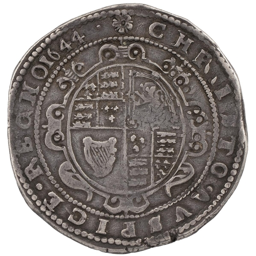 85 - 1644 Charles I silver Crown, Exeter mint, rose mintmark (S 3058, North 2557). Obverse: king riding l... 