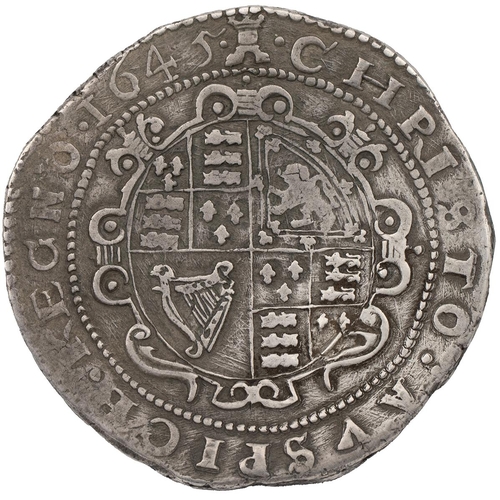 86 - 1645 Charles I silver Crown, Exeter mint, castle mintmark (S 3062, North 2561). Obverse: the king on... 