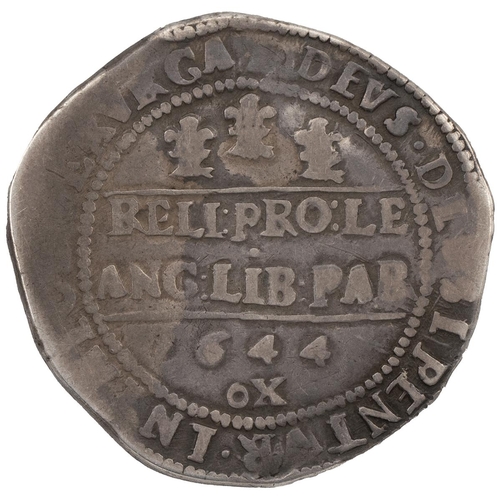 92 - 1644 'OX' Charles I Oxford silver Halfcrown, even plumes (S 2958, North 2424). Obverse: Briot's Hors... 