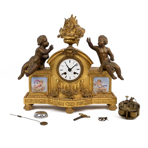 14 - LeBlanc A Paris, French 19th Century mantle clock in carved and gilded wood case with Sevres style c... 