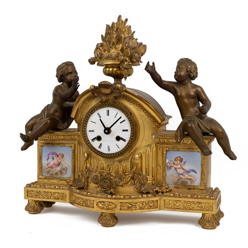 14 - LeBlanc A Paris, French 19th Century mantle clock in carved and gilded wood case with Sevres style c... 