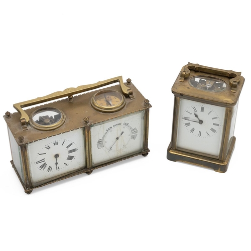 20 - Brass carriage clock stamped R & Co Paris and a brass clock/barometer combo with compass to the ... 