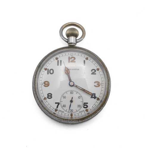 23 - Helvetia stainless steel Swiss made military pocket watch numbered G.S.T.P G23843, with white dial, ... 