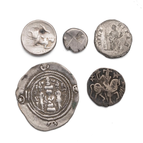 32 - Five (5) ancient silver coins, some nice grades, including Alexander III, Thrace Hemidrachm, Julia D... 