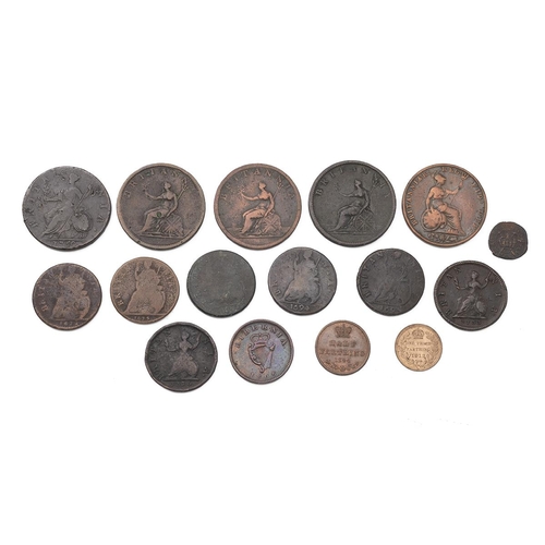 35 - Sixteen (16) British copper coins, including 1750 George II Halfpenny, 1806 George III, 1807 (x2), 1... 