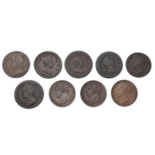 44 - Nine (9) copper Farthings, including 1672 Charles II, 1719 George I, 1721 (x2), 1738 George II Irela... 