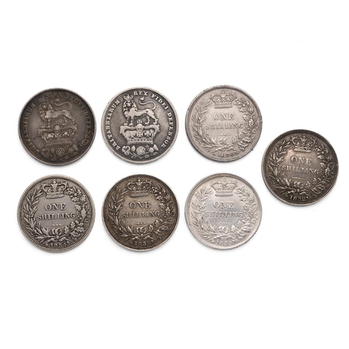 45 - Seven (7) silver Shillings, including 1826 George IV, 1827, 1834 William III (x2), 1839 Victoria (x2... 