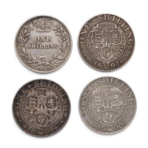 46 - Four (4) Victoria silver Shillings, including 1879, 1894, 1899 and 1900. Grades: VF - Very Fine.