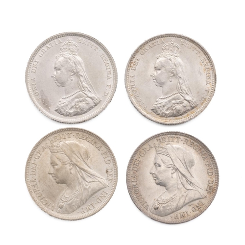 48 - Four (4) Victoria silver Shillings, including 1887, 1888, 1893 and 1896. Grades: EF - Extremely Fine... 